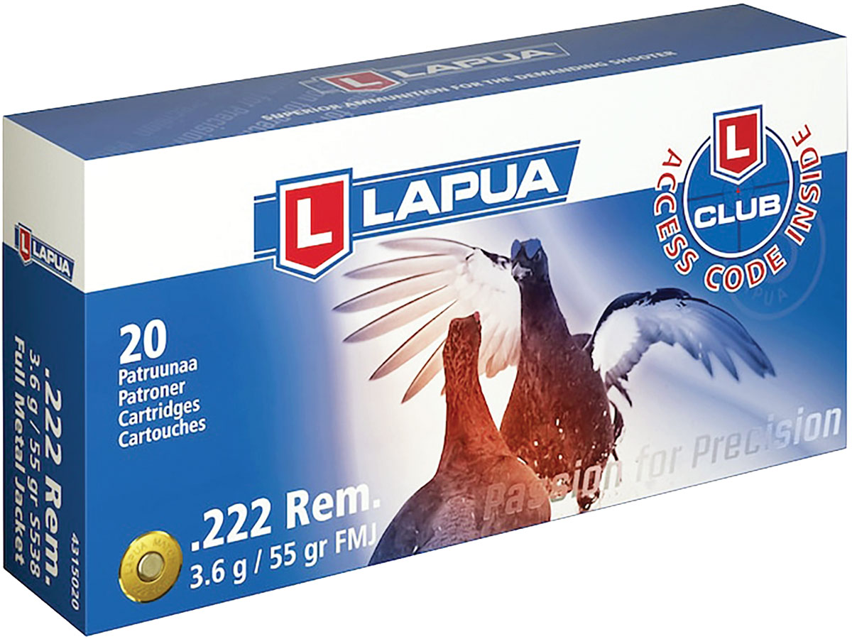 The 222 Remington has long been popular among hunters in Finland and other European countries who stalk capercaillie, a large grouse that can exceed 12 pounds in weight. For this reason, both Sako and Lapua load the cartridge with a 55-grain FMJ bullet that inflicts very little damage to the cock bird’s skin and beautiful plumage, which are often mounted. Two capercaillie are portrayed having a territorial dispute on this box of Lapua ammunition.